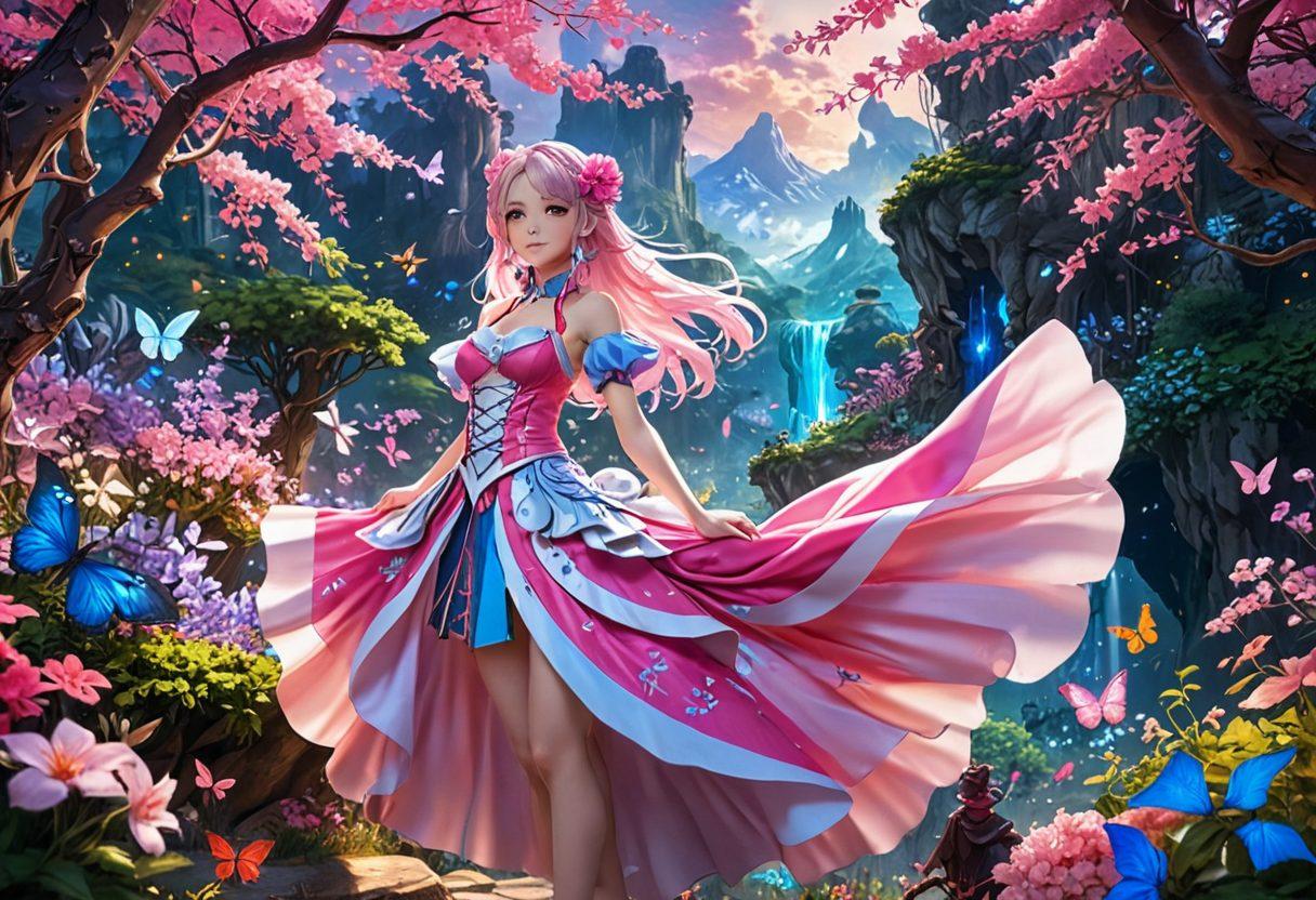 A striking, fantasy-inspired scene showcasing a diverse range of hentai anime characters, including a voluptuous solo figure, set against a mystical backdrop. The scene should feature vibrant colors, playful expressions, and elements of enchantment, such as glowing flowers and whimsical creatures. Incorporate a sense of movement and depth to evoke a feeling of exploration and wonder in this realm. super-realistic. vibrant colors. fantasy art.